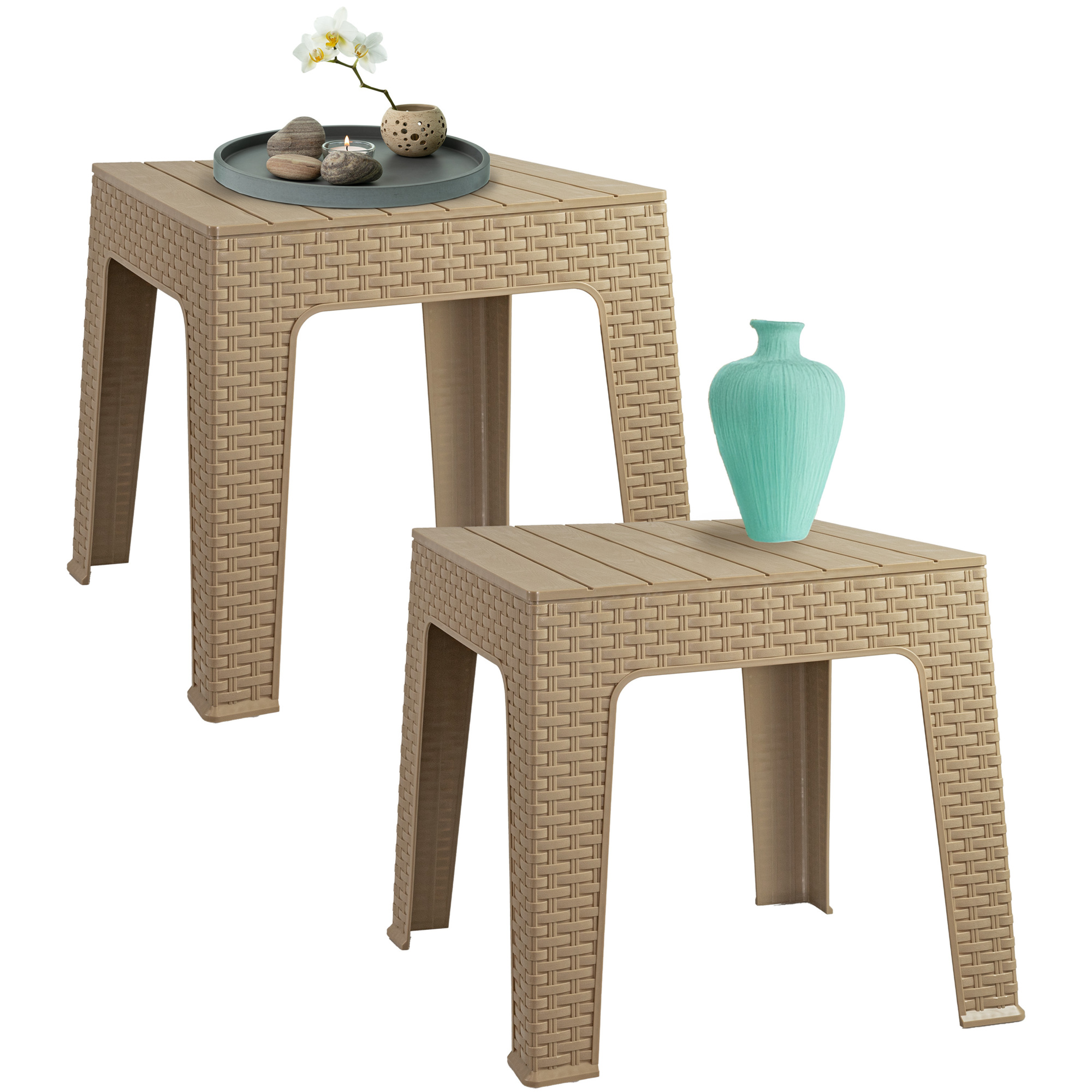 Sunnydaze Outdoor Patio Side Table Set — 17.75in. Square, Polypropylene, Beige, 2 Pcs, Model# SUP-438-2PK